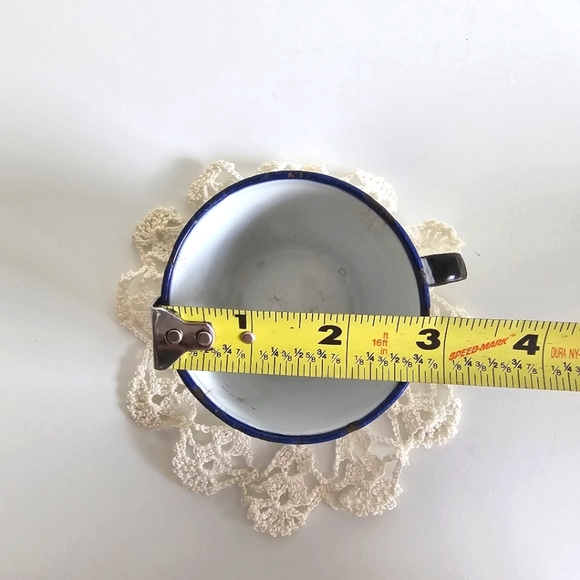 Antique K.E.R. Sweden White Enamelware Cup Blue White Trim Coffee Small Teacup - Picture 16 of 16